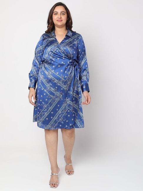 vero moda curve blue printed wrap dress