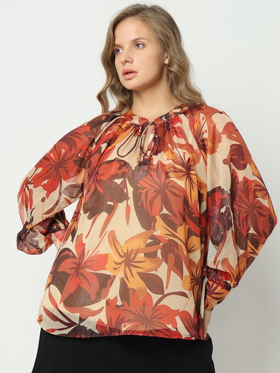 vero moda curve floral printed tie-up neck cuffed sleeves a-line top