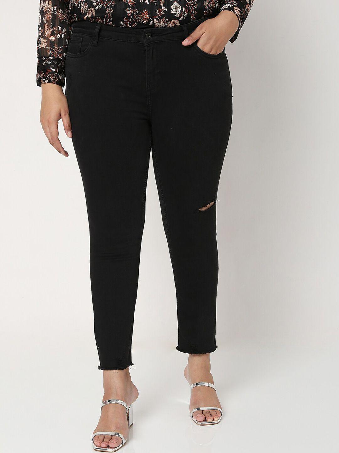 vero moda curve women black high-rise mildly distressed stretchable jeans