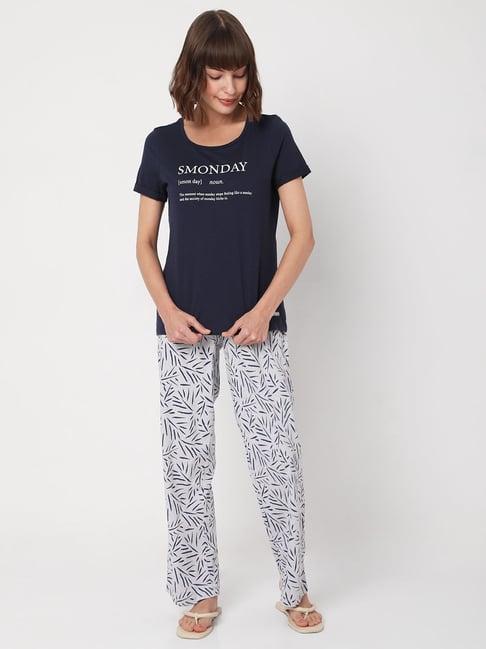 vero moda ease navy & grey graphic print t-shirt with pyjamas