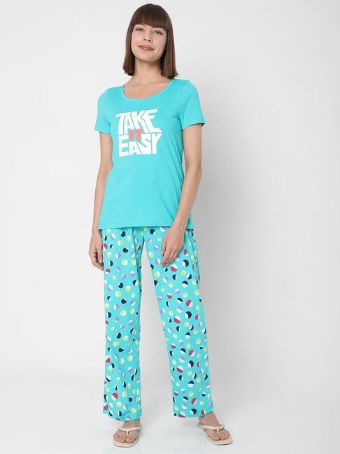 vero moda ease sea blue graphic print t-shirt with pyjamas