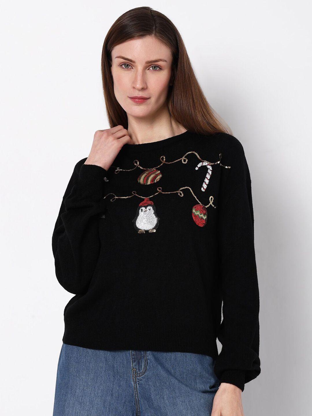 vero moda embroidered round neck long sleeve embellished acrylic sweaters