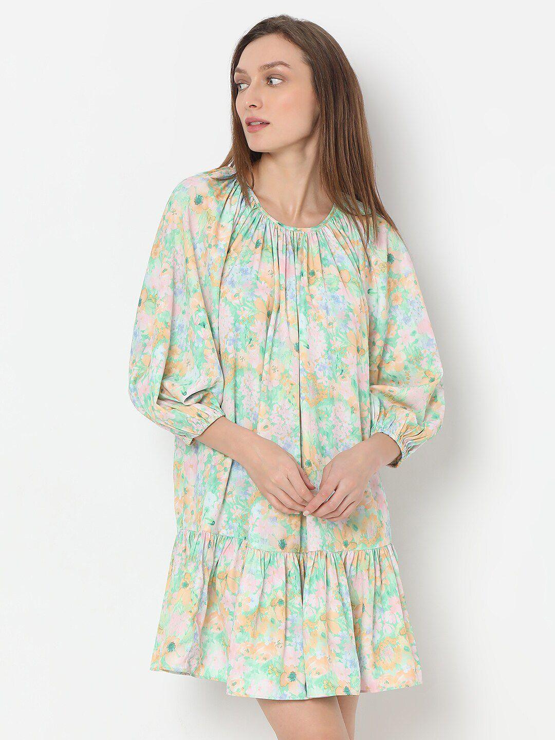 vero moda floral printed gathered drop-waist dress