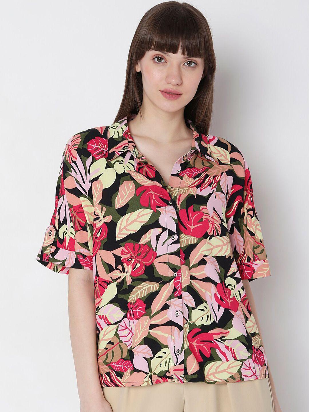 vero moda floral printed roll-up sleeves regular fit casual shirt
