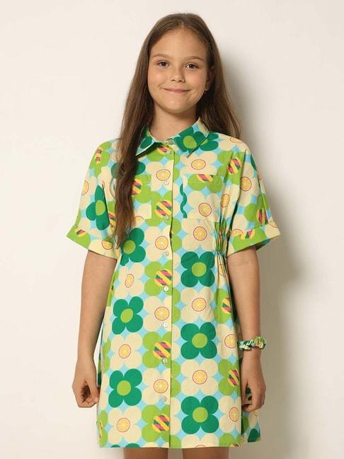 vero moda girl green & cream cotton floral print shirt dress