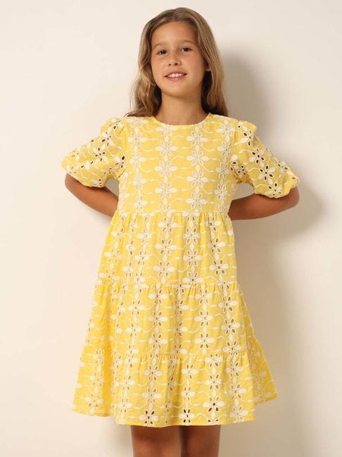 vero moda girl yellow & white cotton embroidered dress