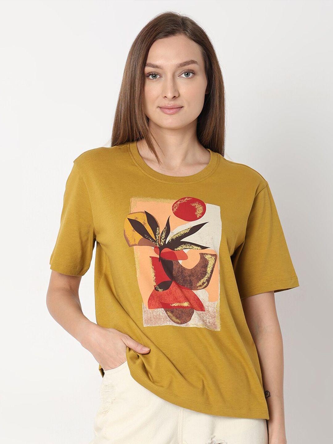 vero moda graphic printed round neck short sleeves cotton regular t-shirt