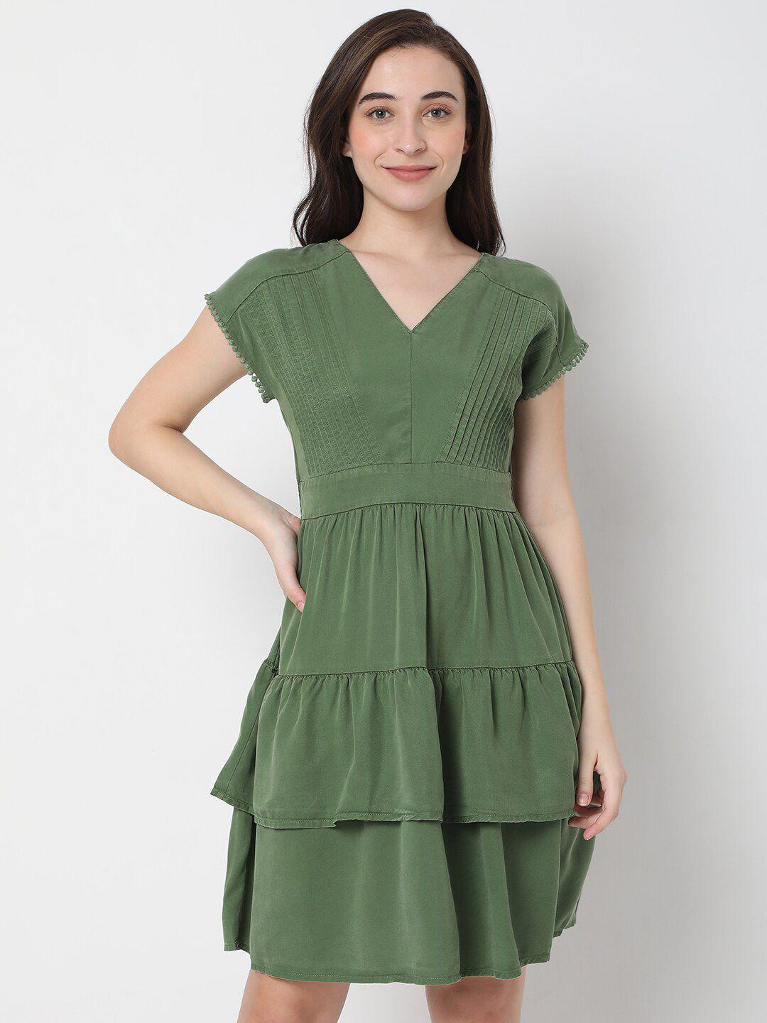 vero moda green fit & flare tiered smocked knee length dress