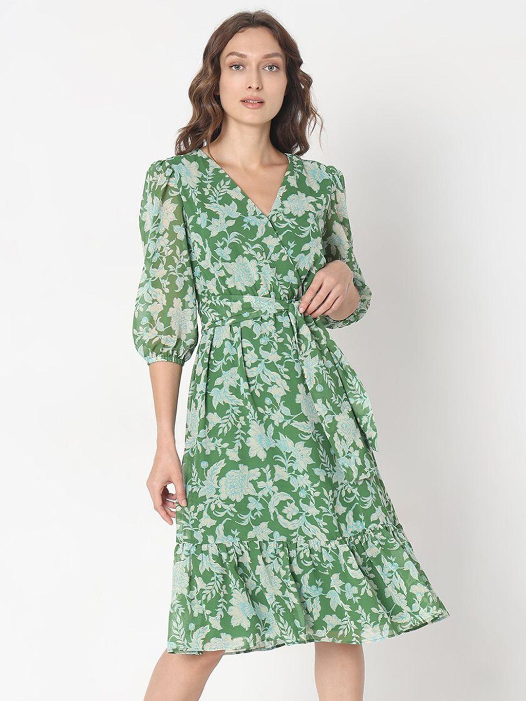 vero moda green floral print bishop sleeve ruffled a-line dress