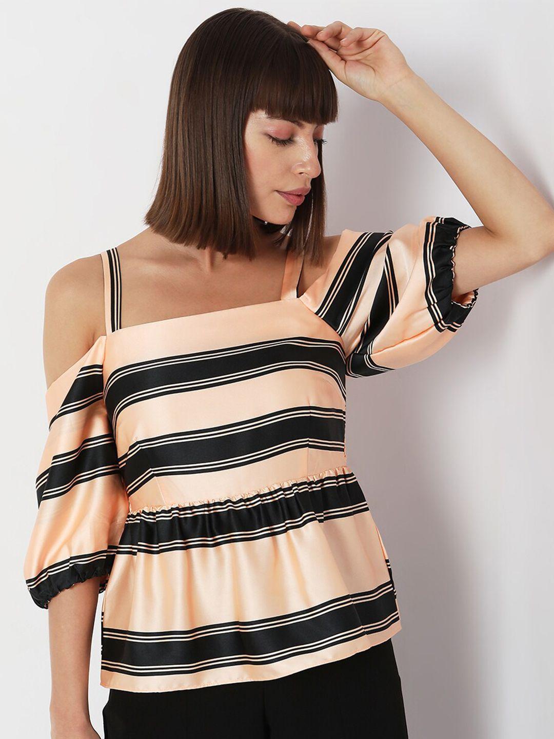 vero moda horizontal striped smocked cold-shoulder top