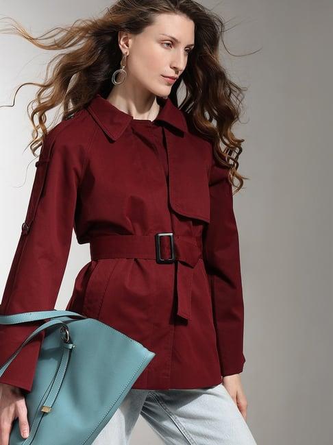 vero moda maroon regular fit trench coat