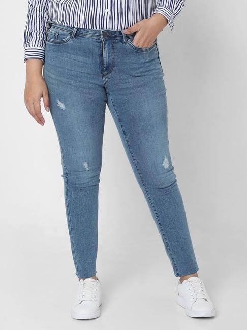 vero moda medium blue skinny fit distressed jeans