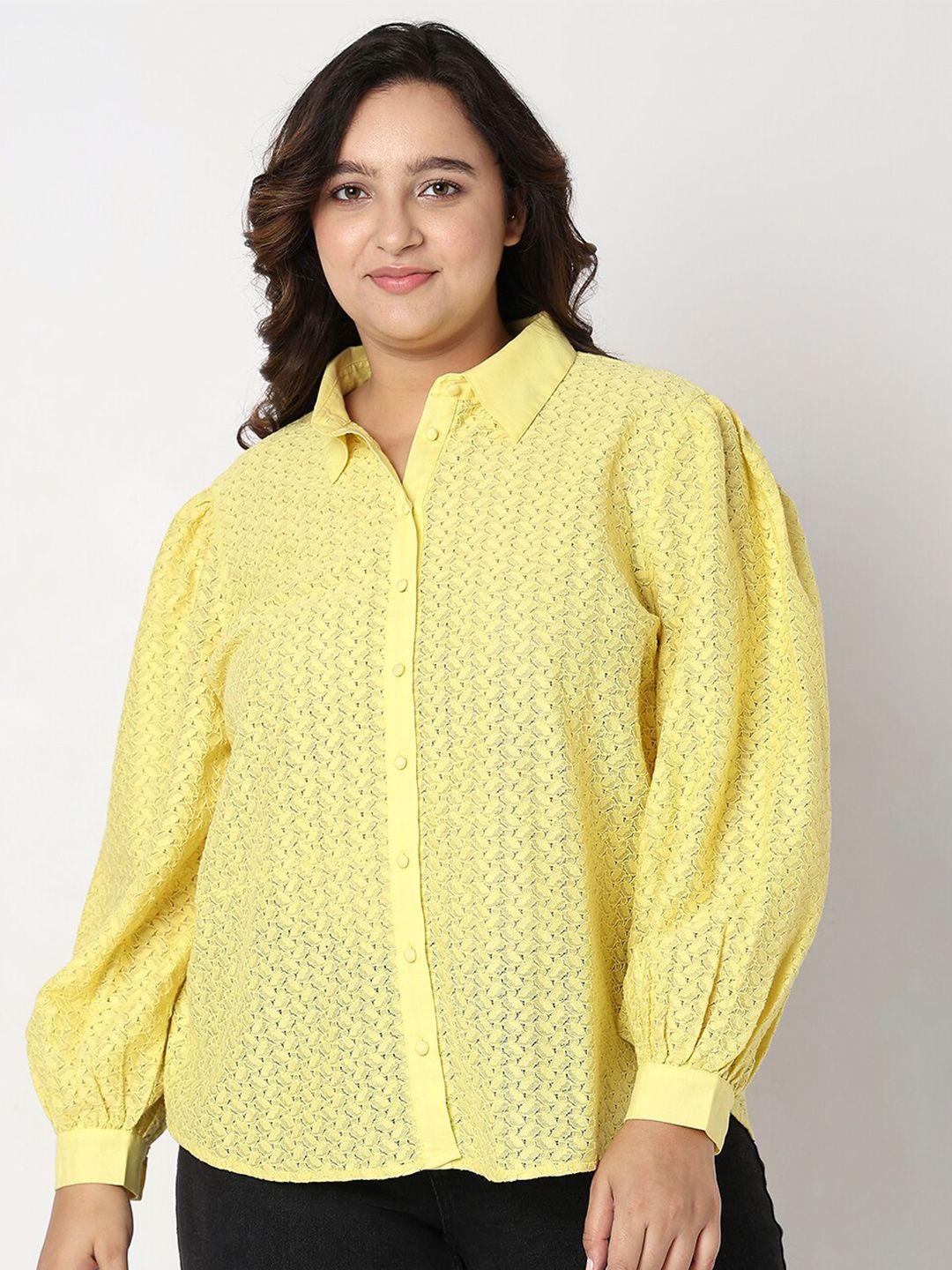 vero moda plus size self design spread collar opaque cotton casual shirt