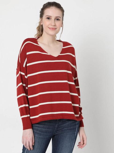 vero moda red & white cotton striped pullover