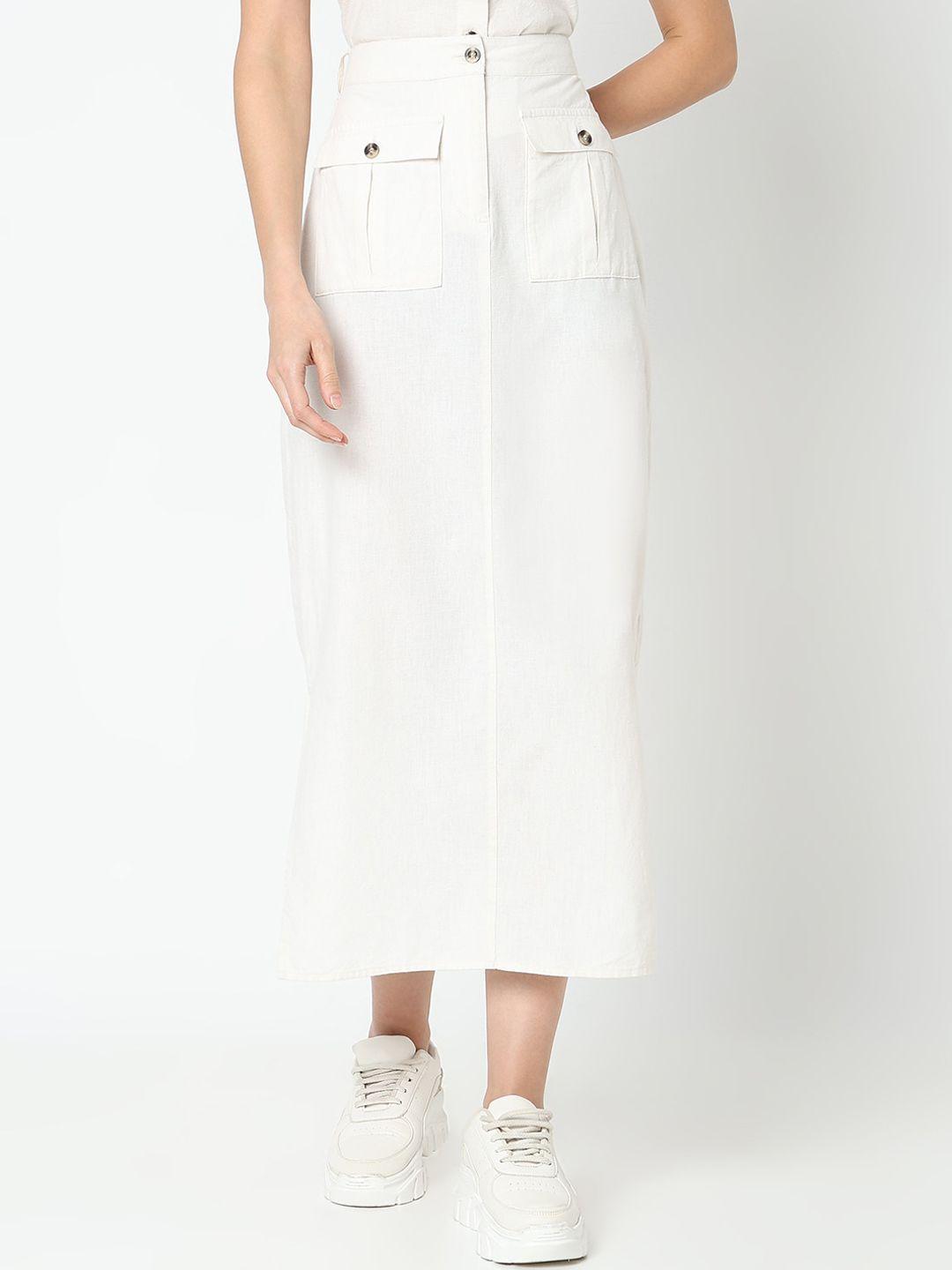 vero moda side slit linen cotton straight midi skirt