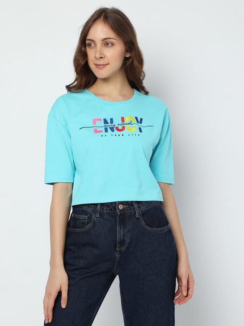 vero moda sky blue cotton printed t-shirt