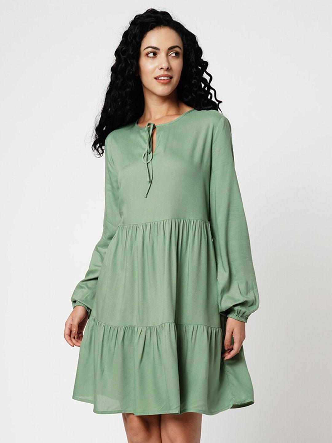 vero moda tie up neck puff sleeves gathered or pleated a line dress