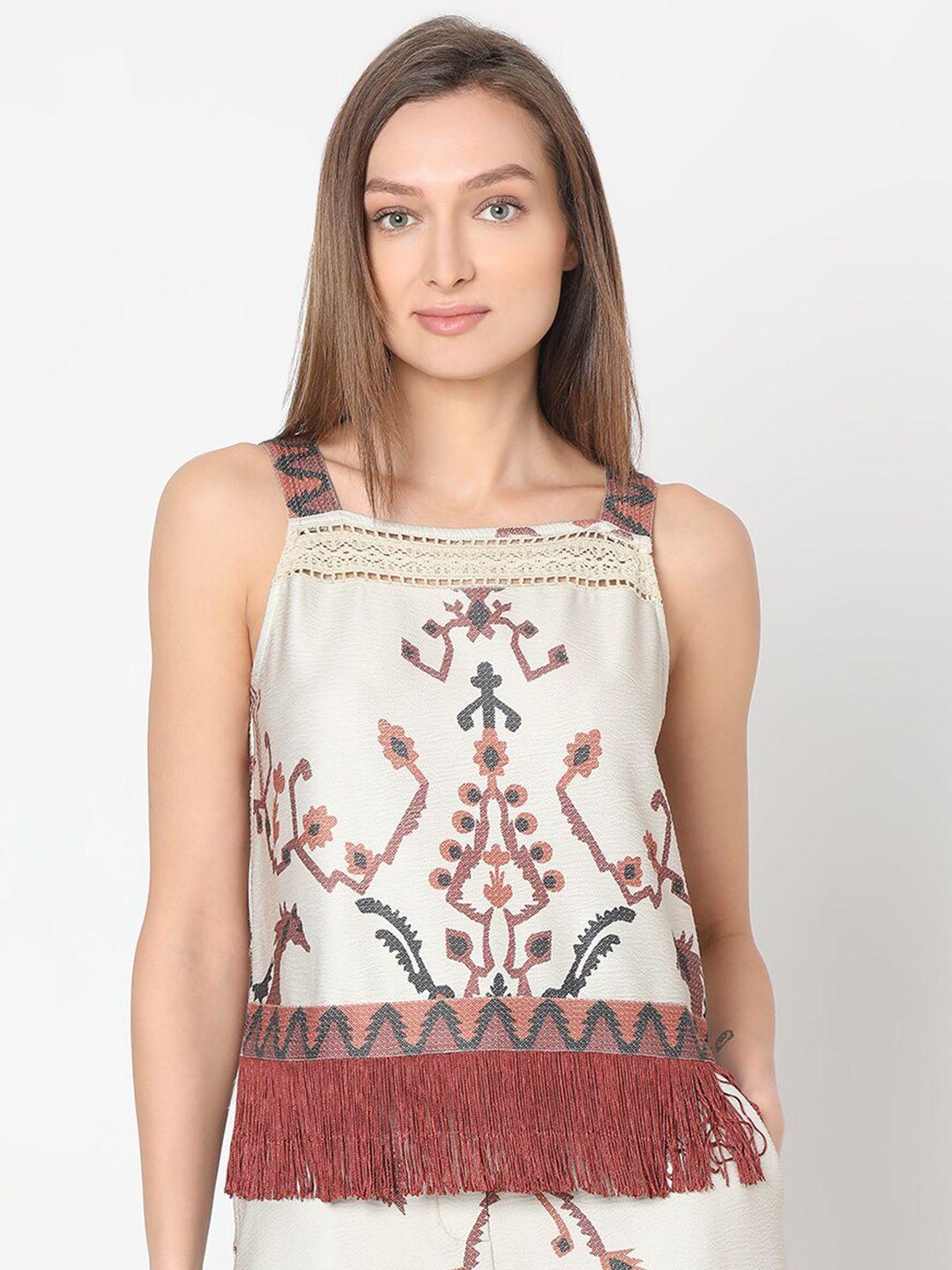 vero moda tribal or aztec printed shoulder straps fringed top