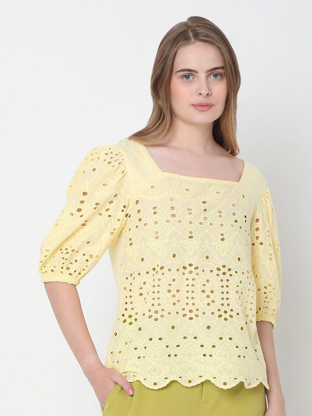 vero moda vm kristo yellow floral self design square neck top