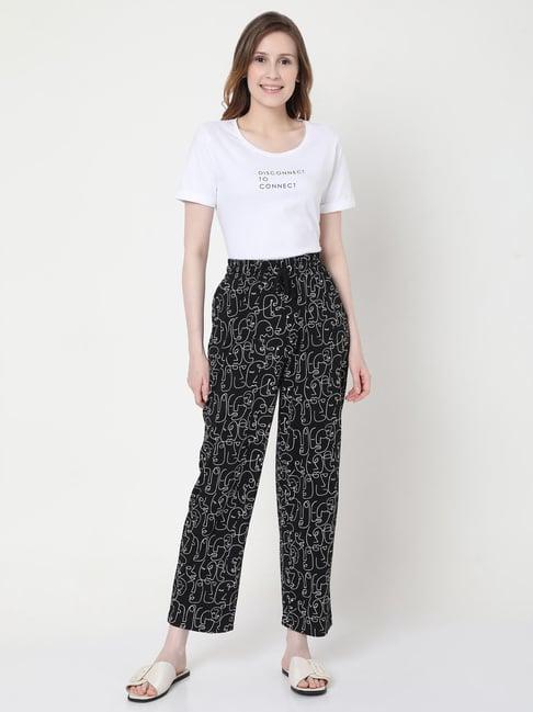 vero moda white & black graphic print crop t-shirt with pyjamas