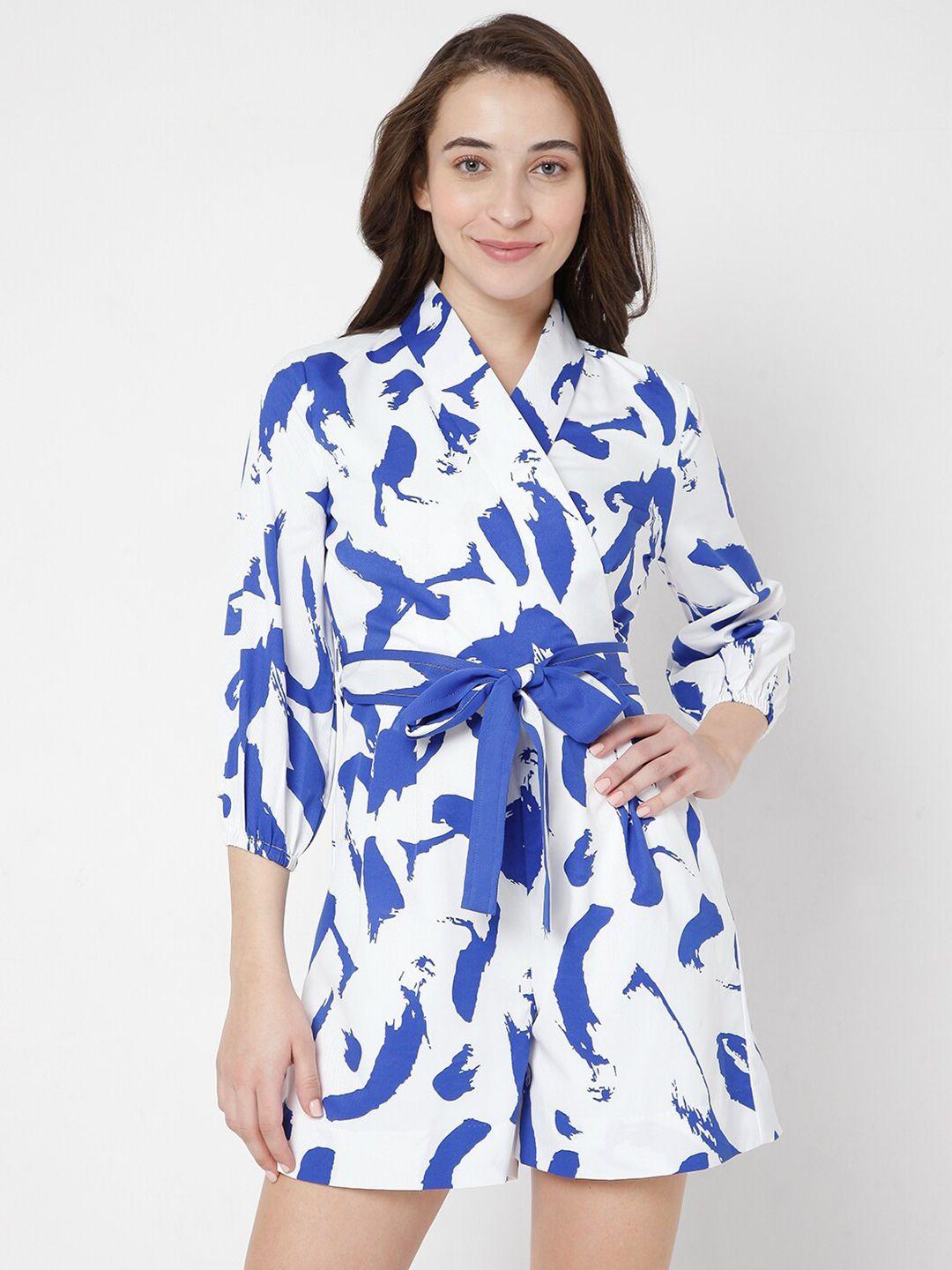 vero moda white & blue printed jumpsuit
