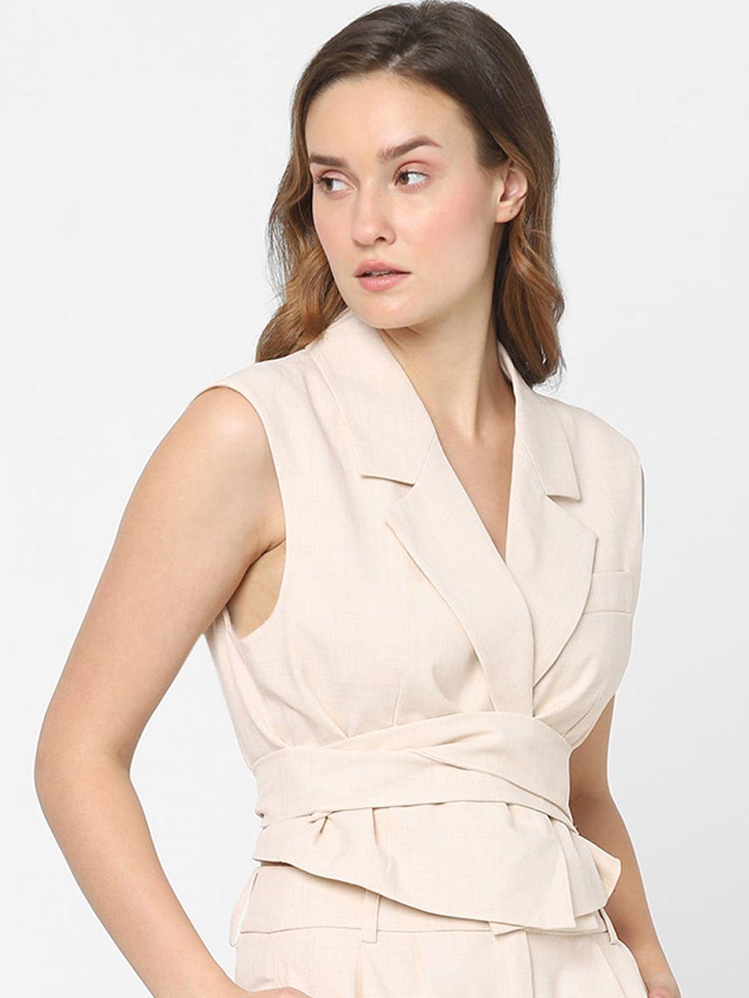 vero moda women beige solid tie-up waistcoat