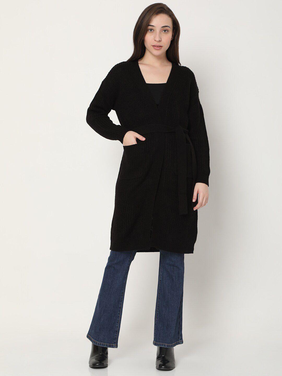 vero moda women black longline belted coatigan