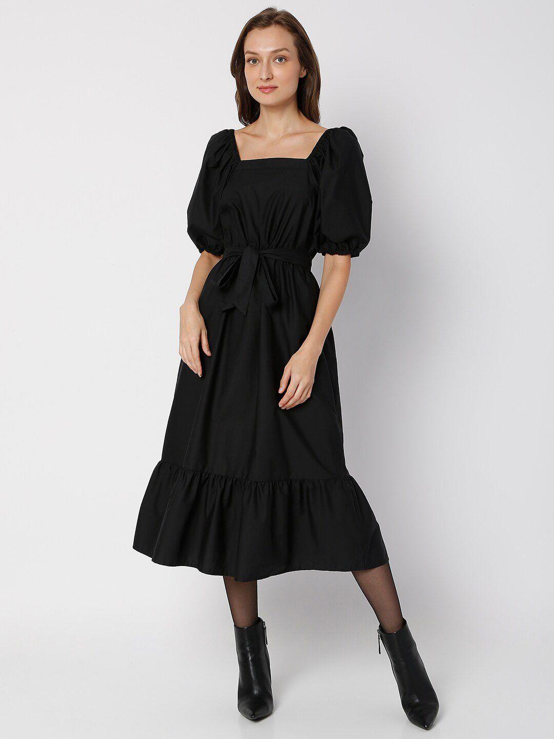 vero moda women black solid a-line midi dress