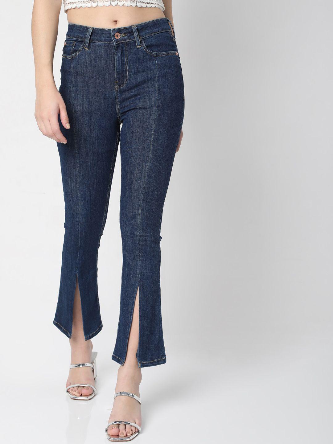 vero moda women blue high-rise low distress light fade stretchable jeans