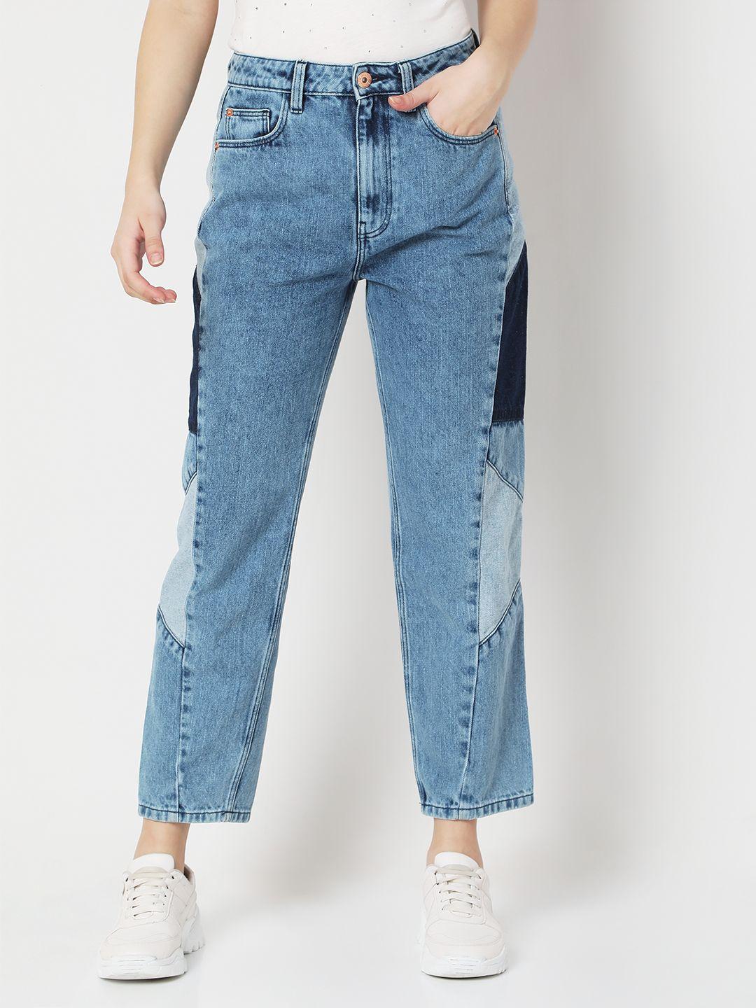 vero moda women blue regular fit solid cotton jeans