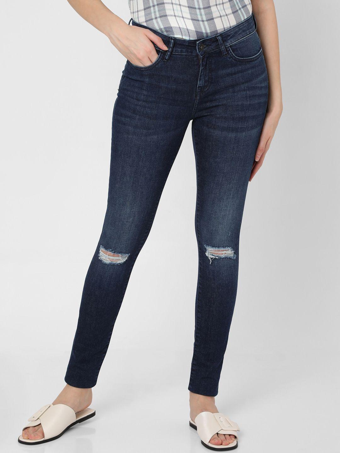 vero moda women blue skinny fit slash knee light fade jeans