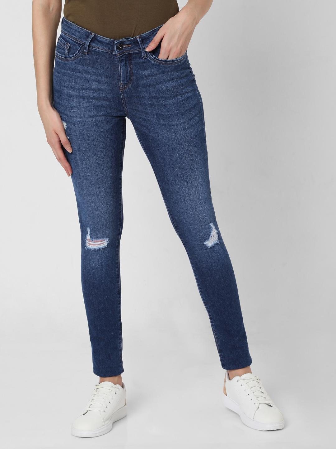 vero moda women blue skinny fit slash knee light fade stretchable jeans