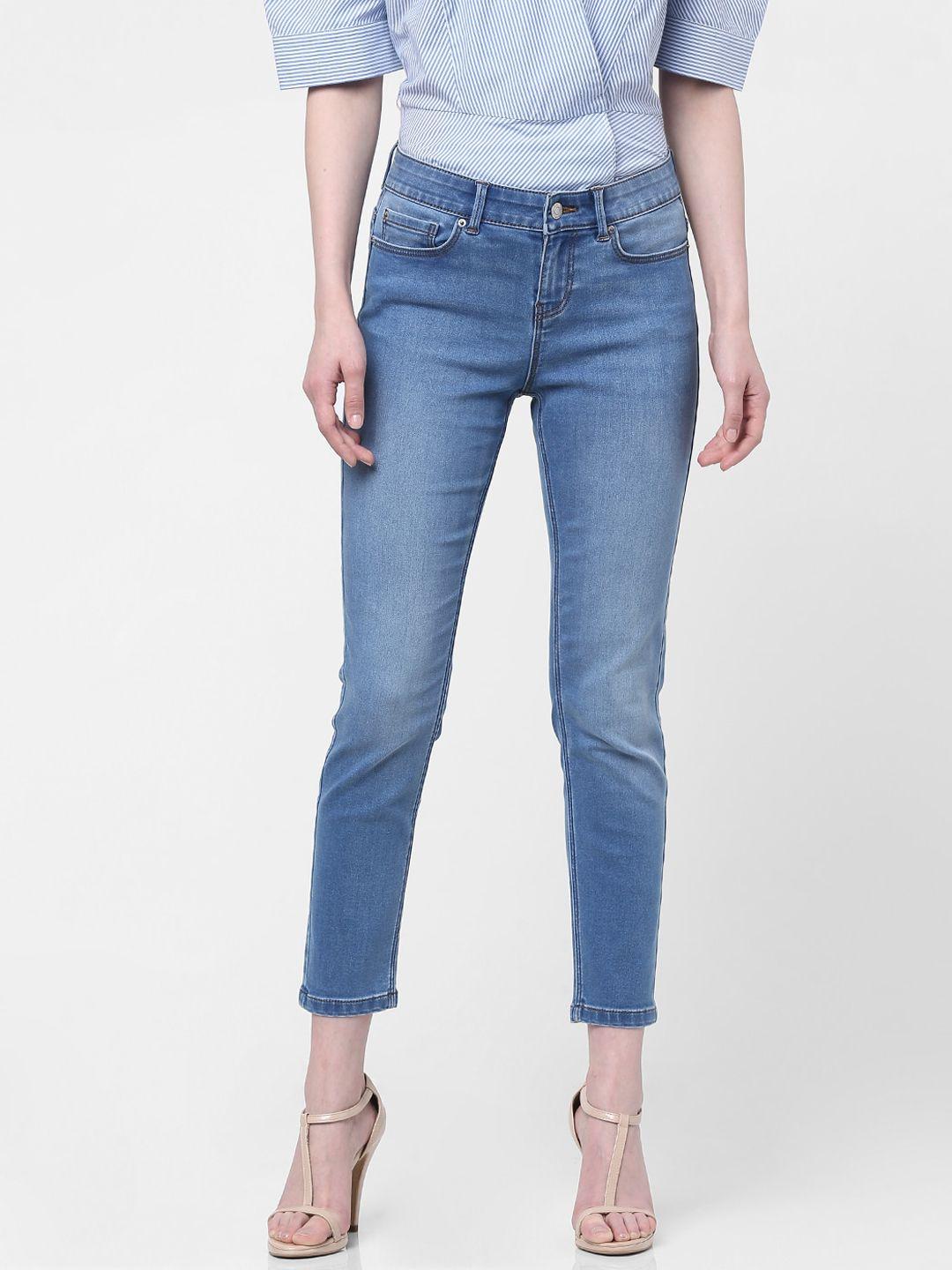 vero moda women blue slim fit light fade crop cotton jeans