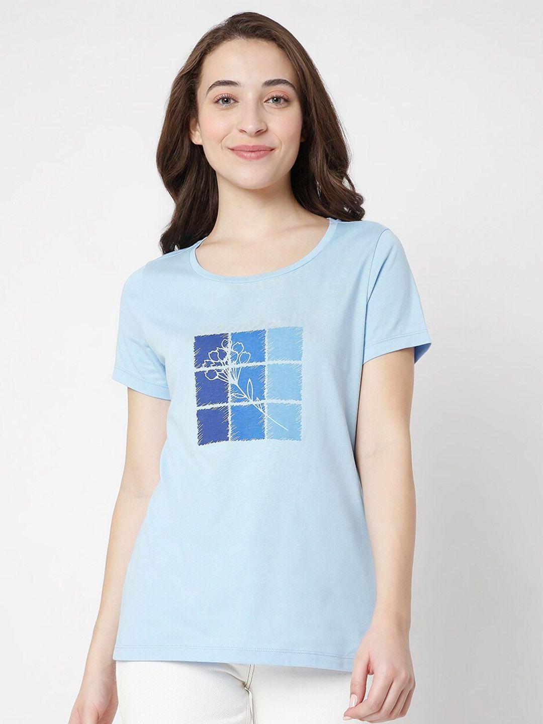 vero moda women blue typography printed v-neck extended sleeves t-shirt