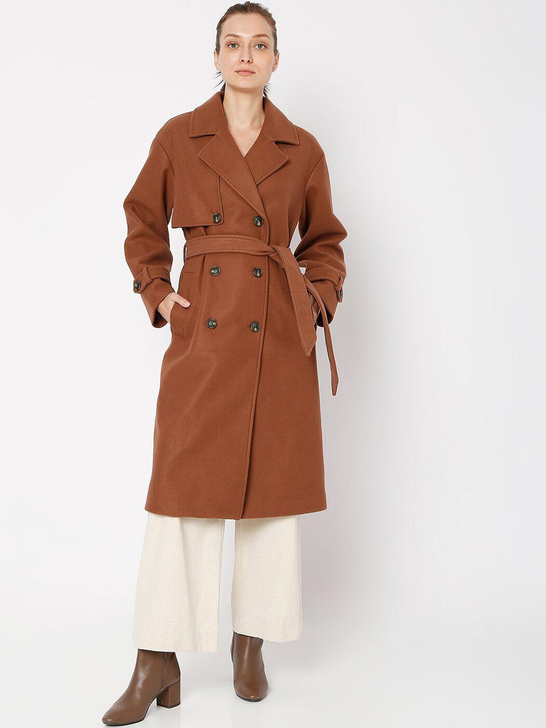 vero moda women brown solid double-breasted longline trench coat
