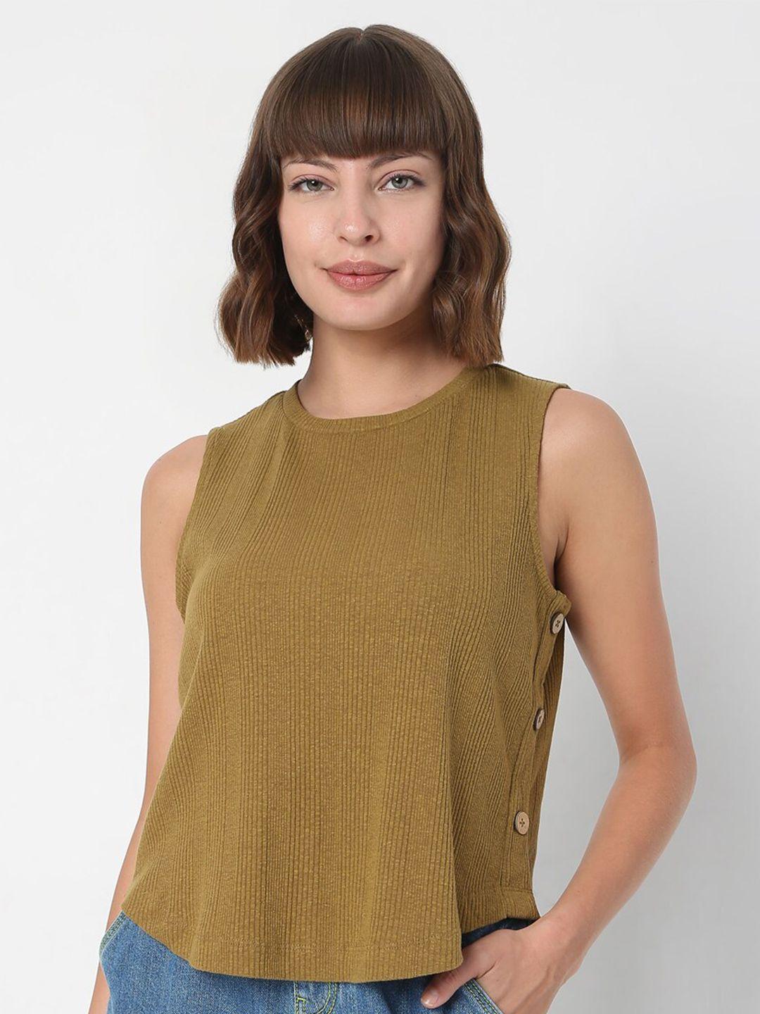 vero moda women green & honey mustard extended sleeves t-shirt