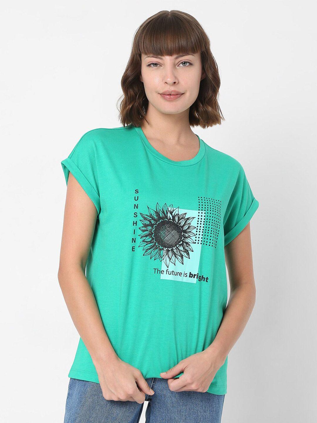vero moda women green printed cap sleeves t-shirt