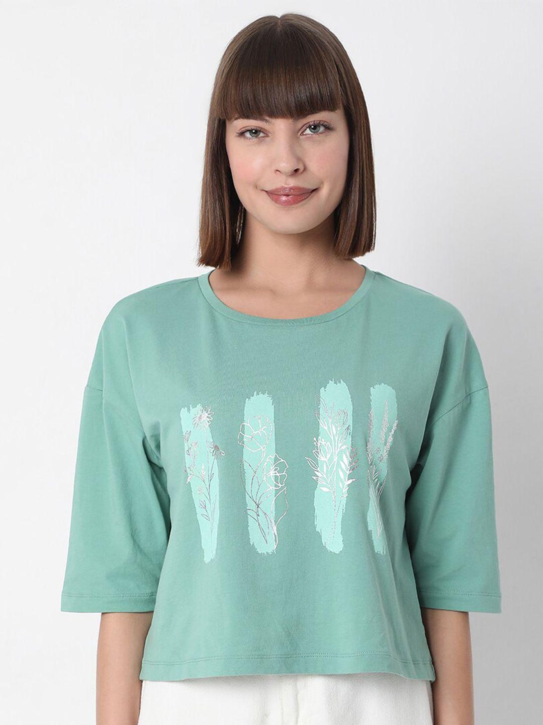 vero moda women green printed drop-shoulder sleeves cotton t-shirt