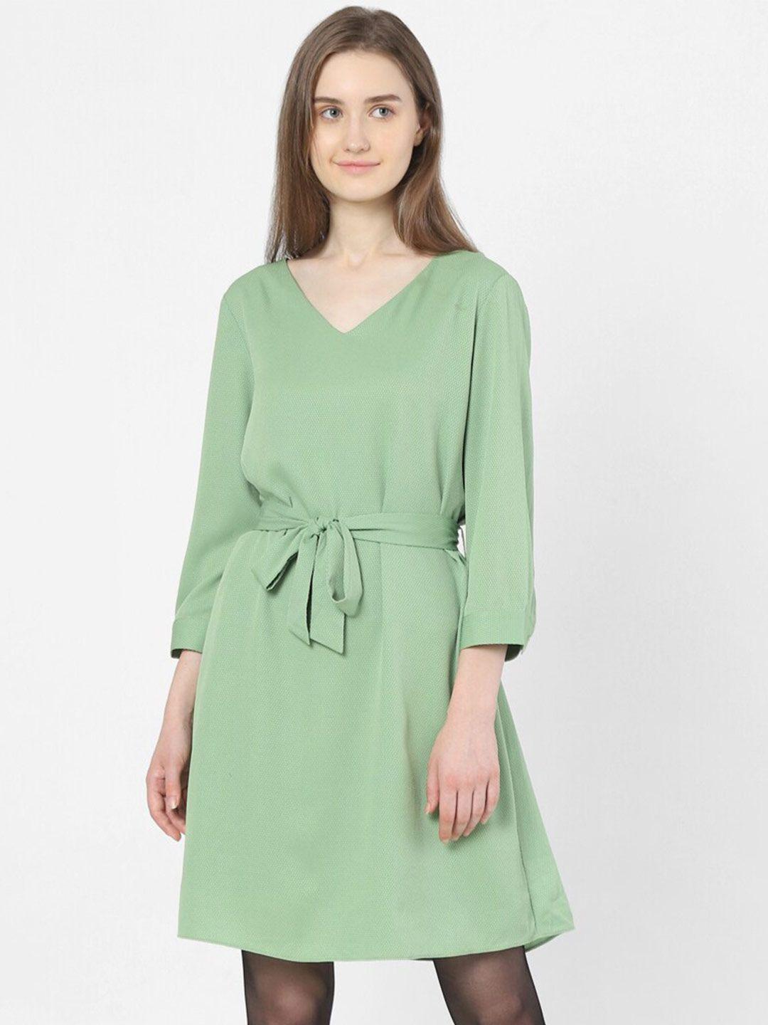 vero moda women green solid full sleeves a-line dress