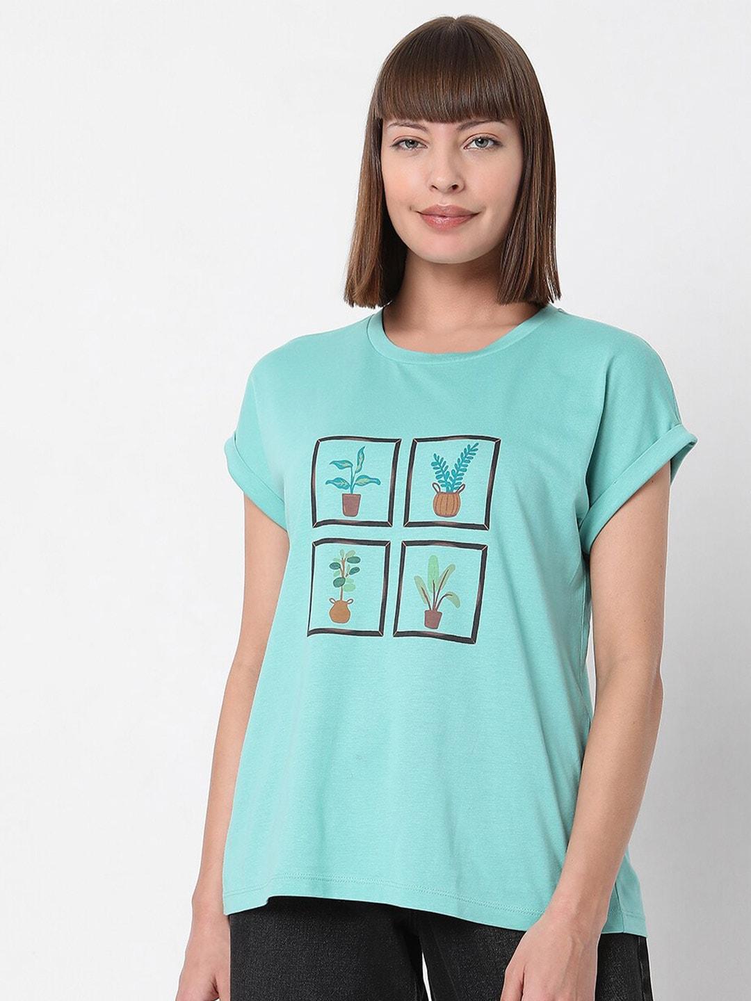 vero moda women green typography printed t-shirt