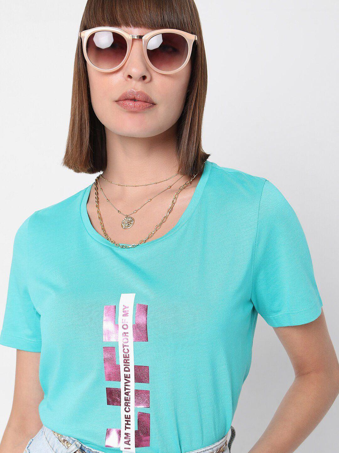 vero moda women green typography v-neck extended sleeves t-shirt