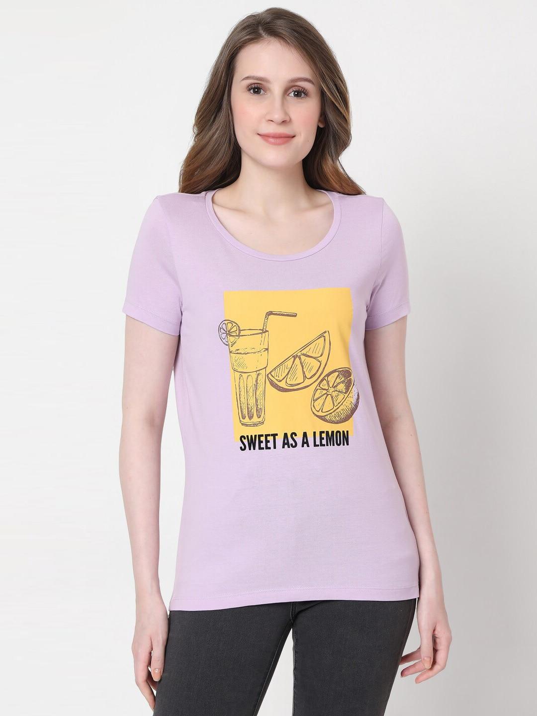 vero moda women lavender & yellow printed slim fit t-shirt