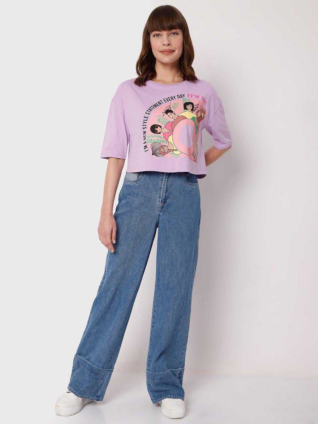 vero moda women lavender printed pure cotton regular fit t-shirt