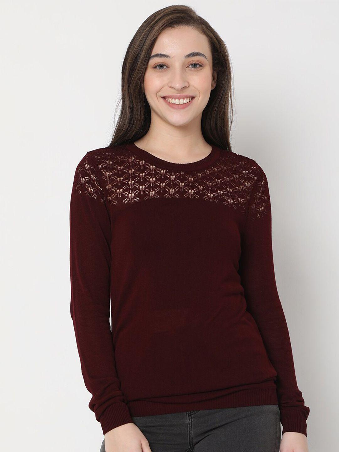 vero moda women maroon solid self design neck pullover sweater