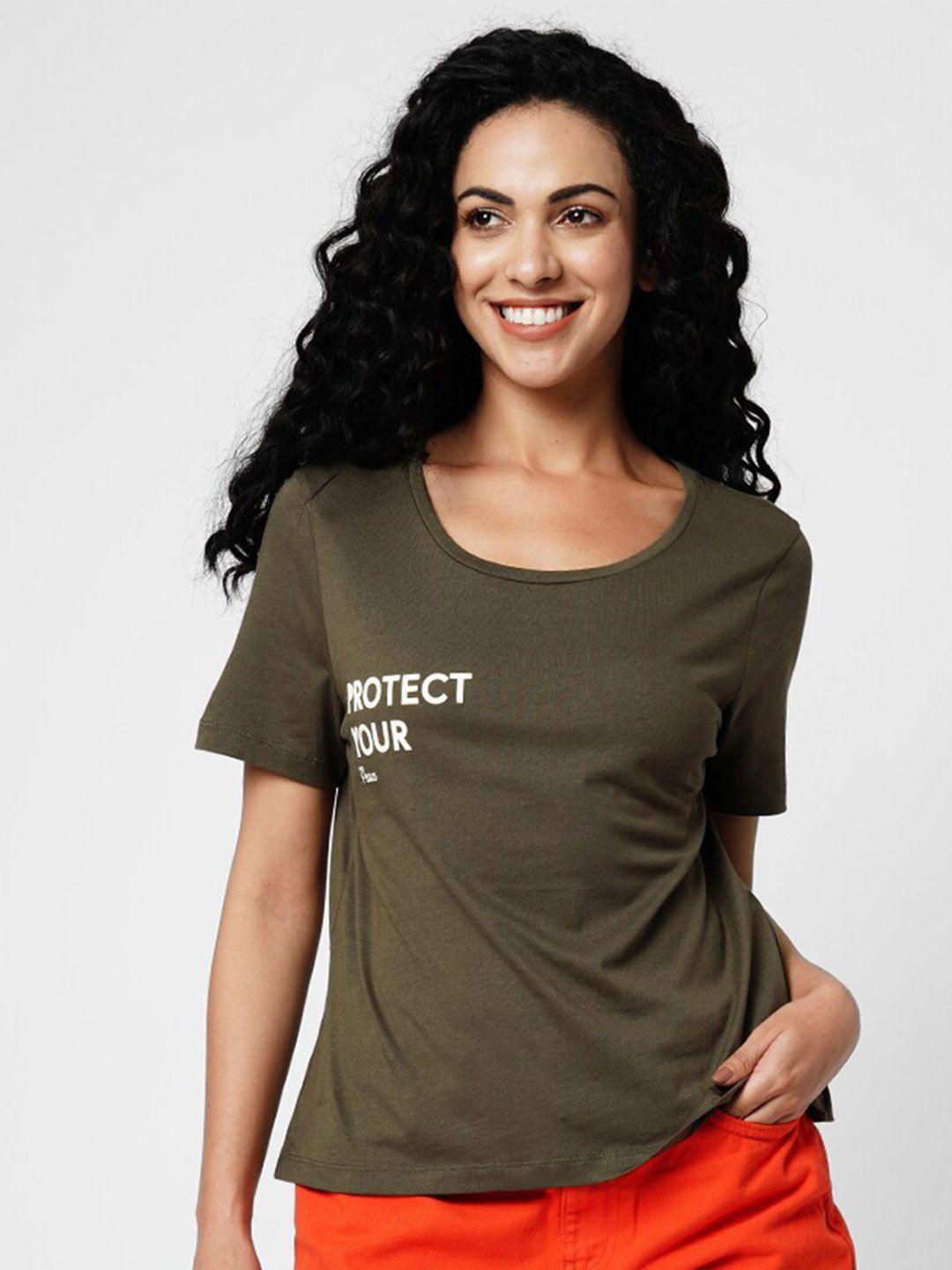 vero moda women olive green typography printed t-shirt