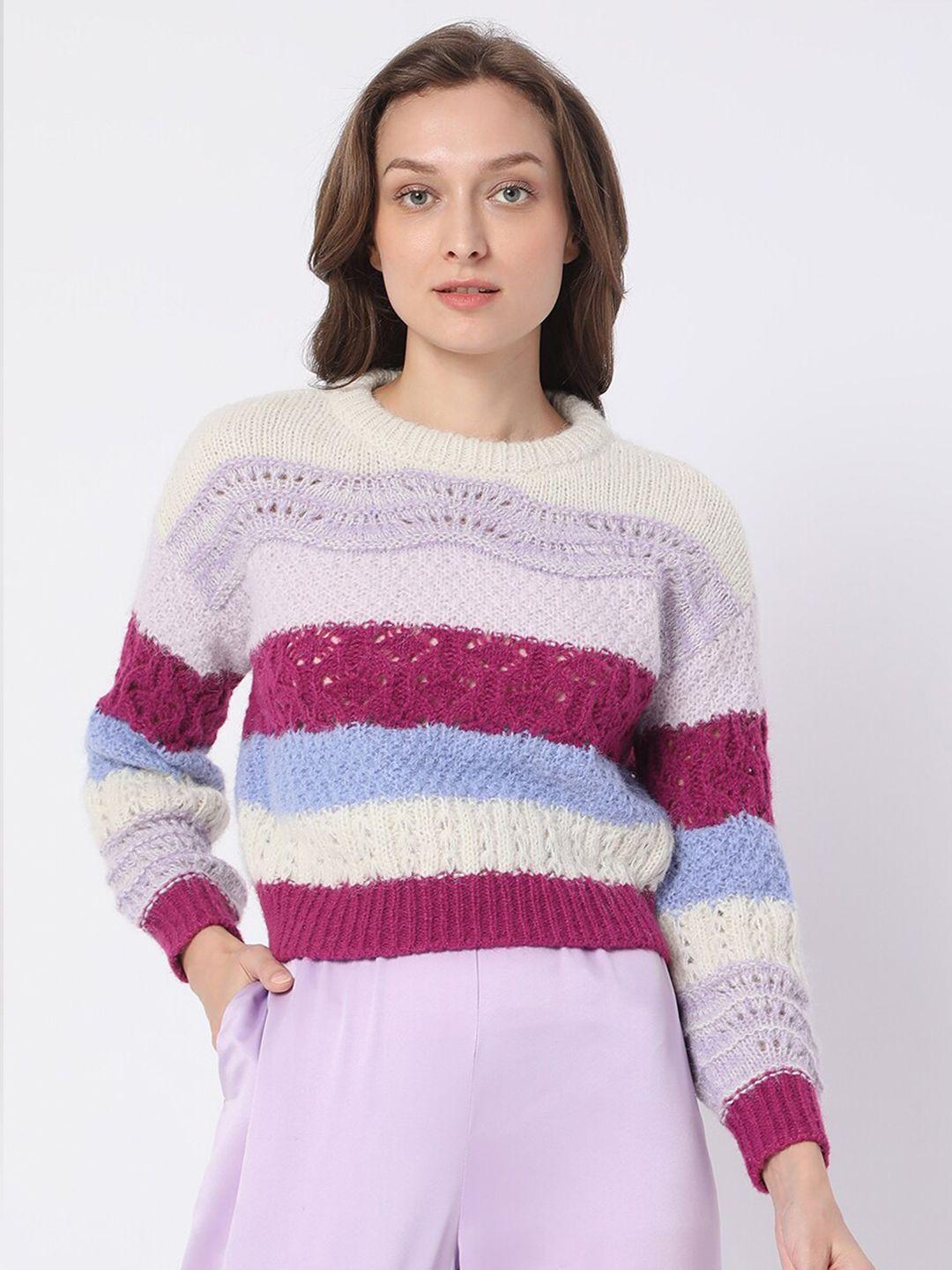 vero moda women pink & purple colourblocked pullover