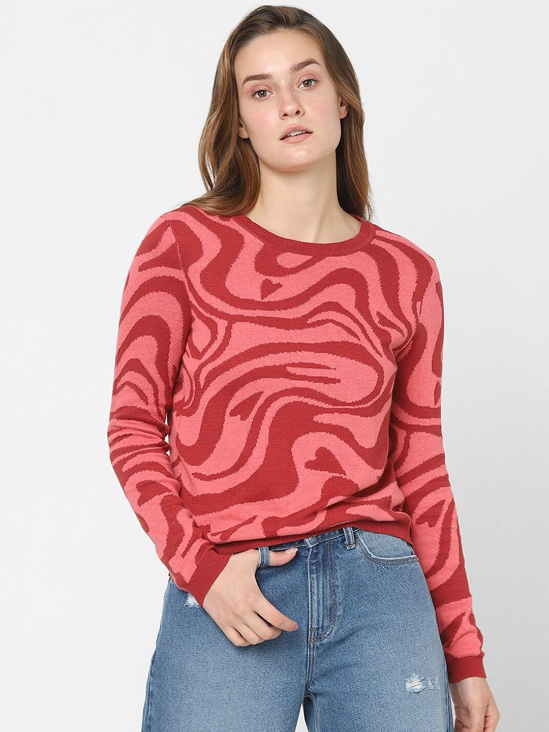 vero moda women pink & red printed pullover