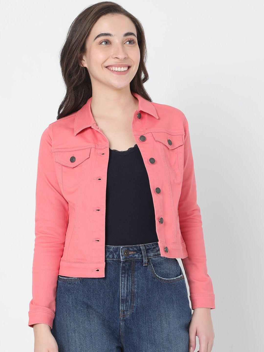 vero moda women pink crop denim long sleeves jacket