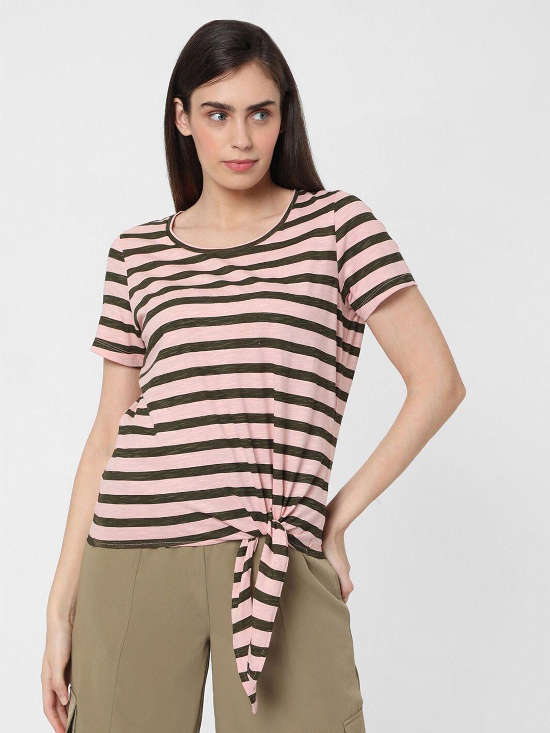 vero moda women pink striped tie-up cotton t-shirt