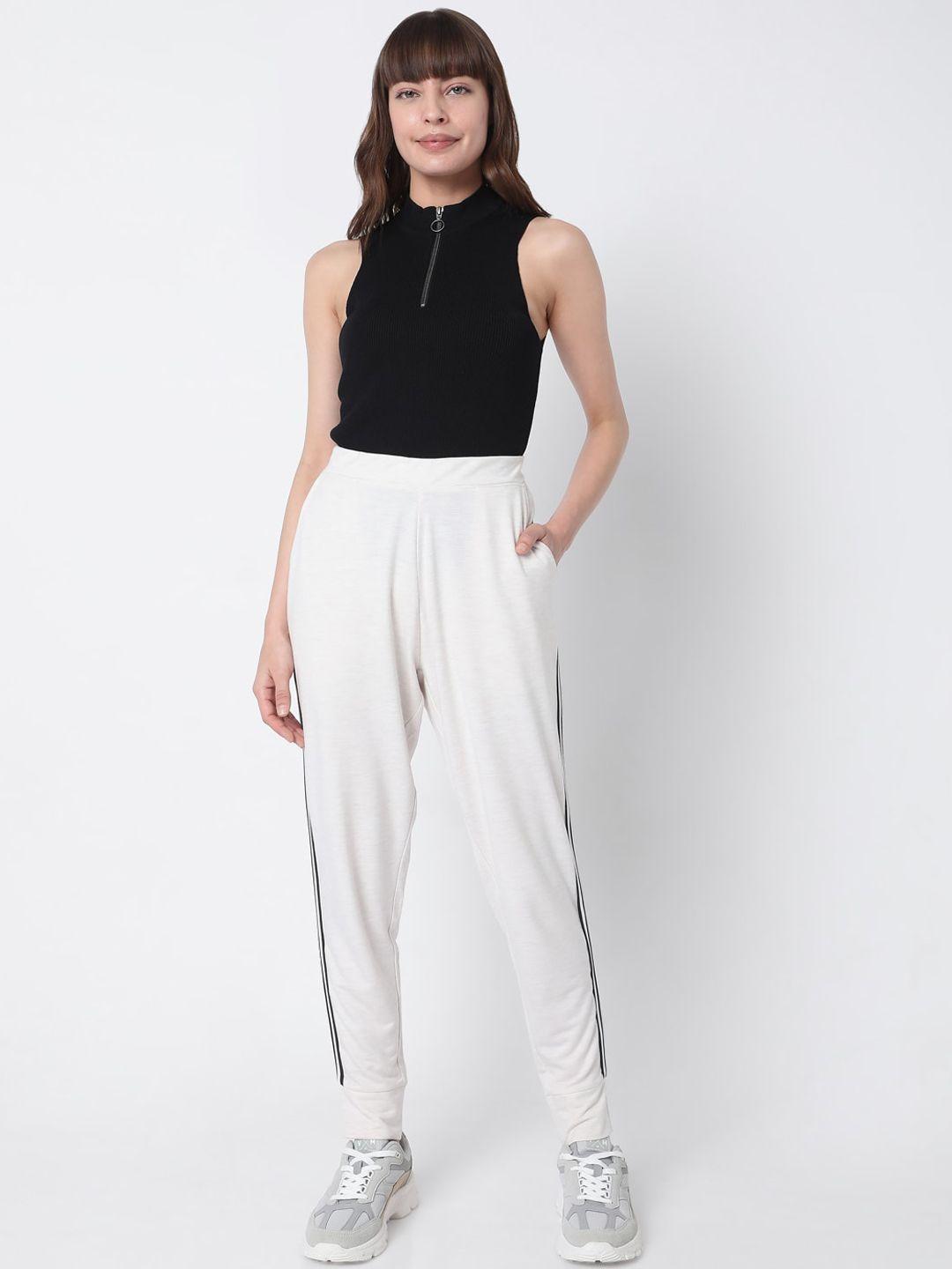 vero moda women white & black viscose rayon regular-fit track pants